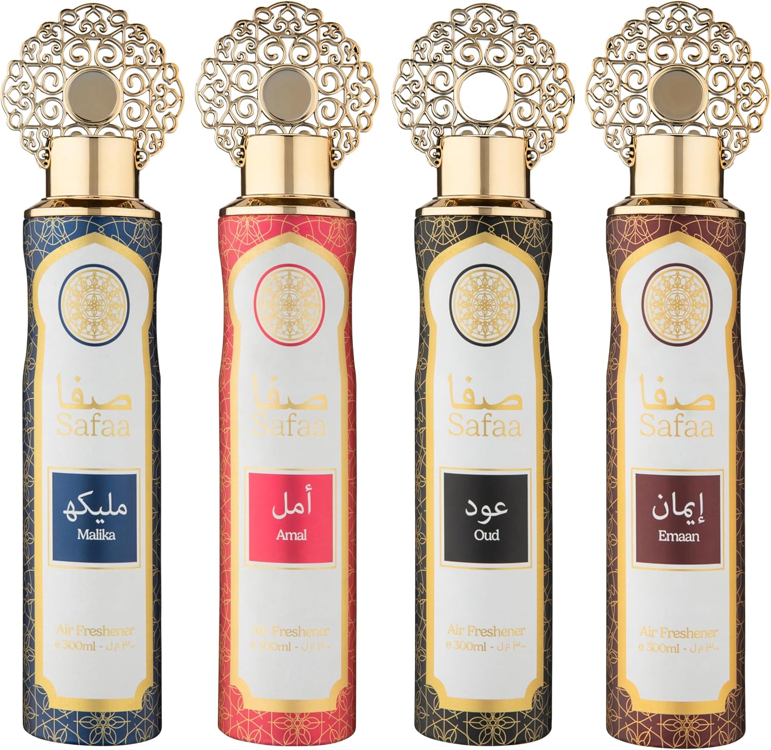 Safaa 4 Pack Exclusive Bundle - Amal, Emaan, Malika, Oud Luxury Air Freshener Cans - For Home & Vehicles – Natural Oils, Lasting Smell Spray – Deodorise & Neutralise Odours – 300ml